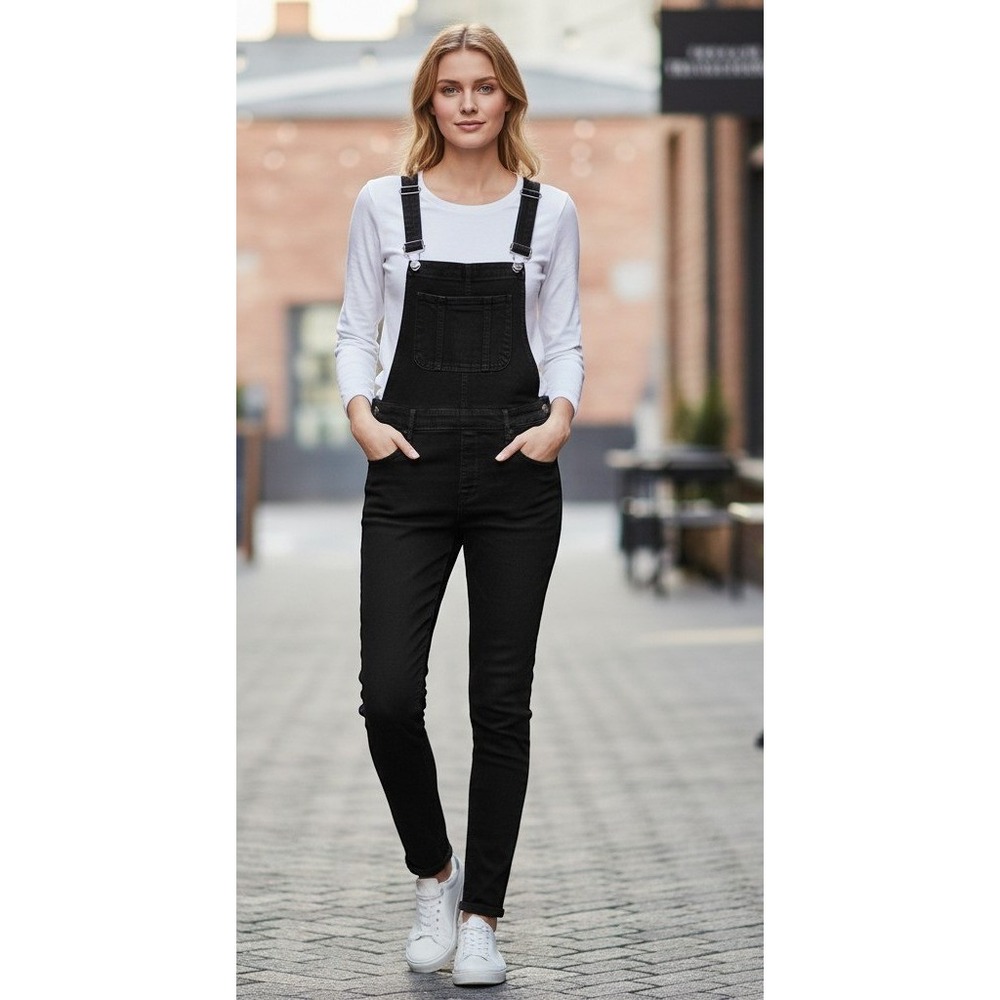 H&M Black Denim Skinny Overall 8 Zipper Detail Edgy Streetwear Utility Moto Goth